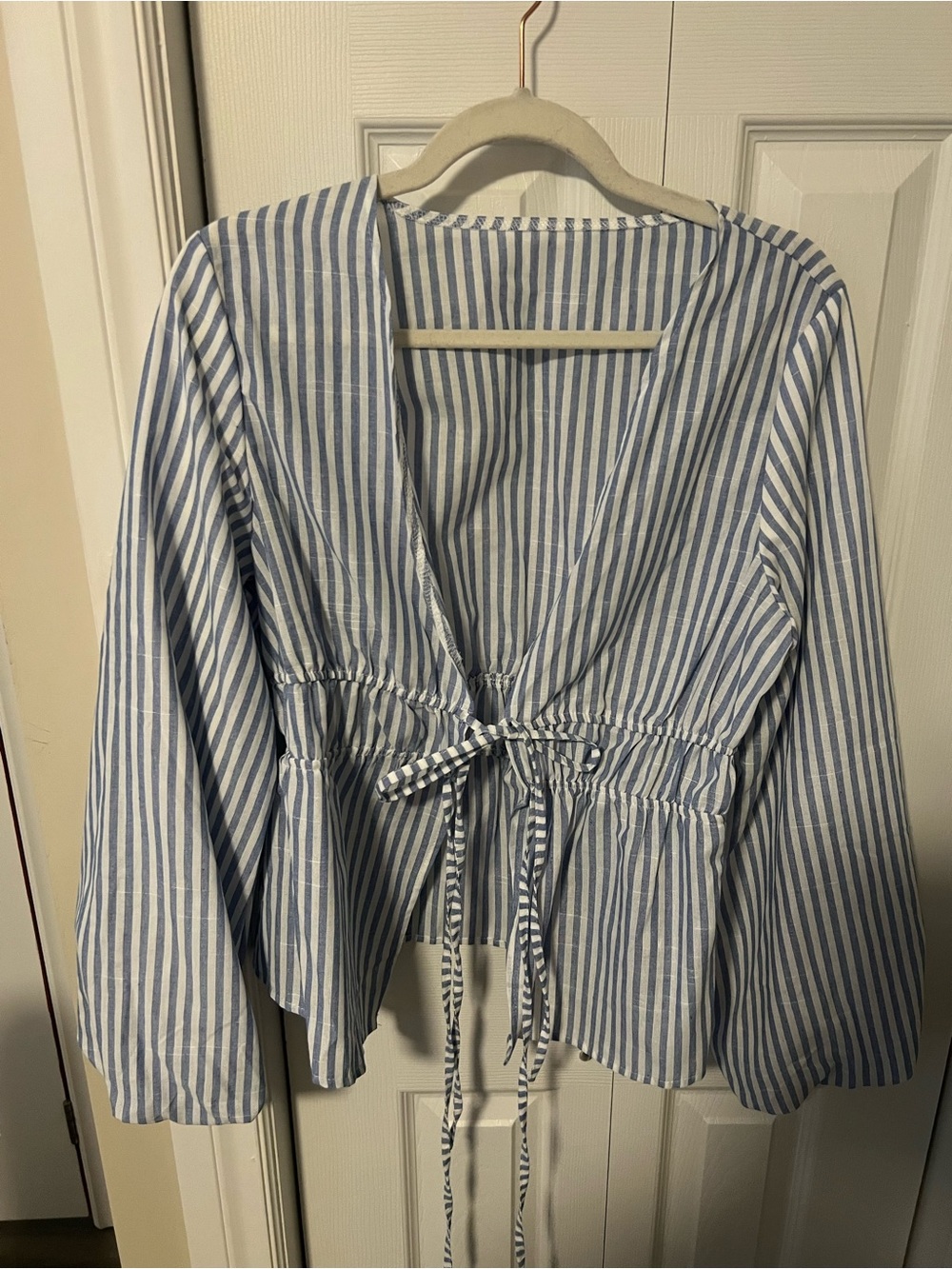 Striped Blue and White Peplum Tie-Front Women's Top
